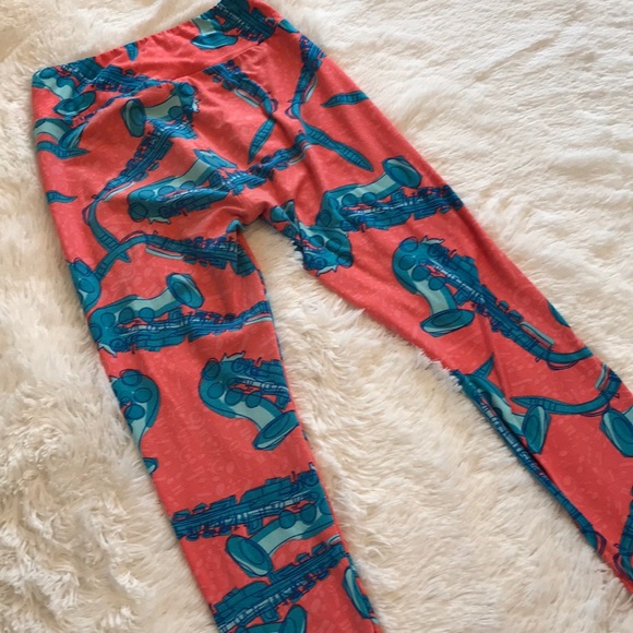 LuLaRoe Coral/Teal Sax Musical Leggings OS - Picture 4 of 6